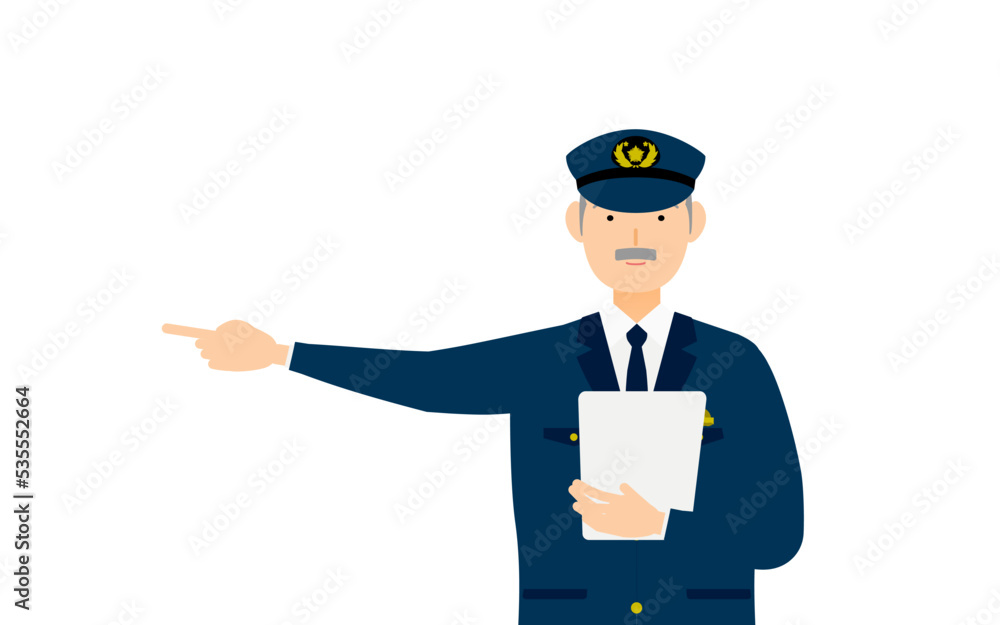 シニア男性警官のポーズ、クリップボードをもって指をさす