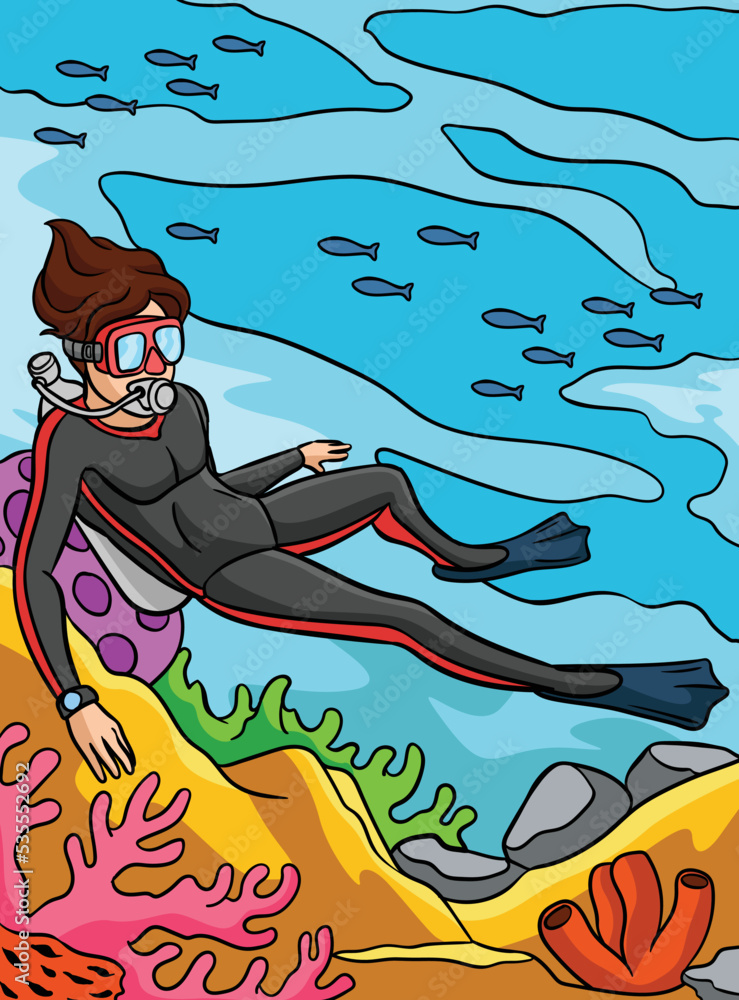 Scuba Diving Colored Cartoon Illustration