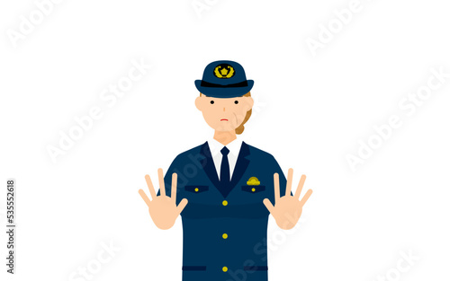 シニア女性警官のポーズ、両手を前に出して制止する