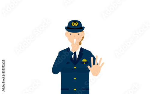 シニア女性警官のポーズ、笛を吹いて制止する