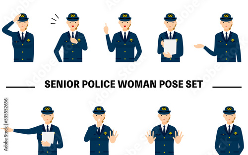 シニア女性警官のポーズセット9点、敬礼や制止、取り締まりなど
