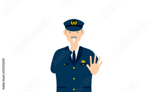 シニア男性警官のポーズ、笛を吹いて制止する
