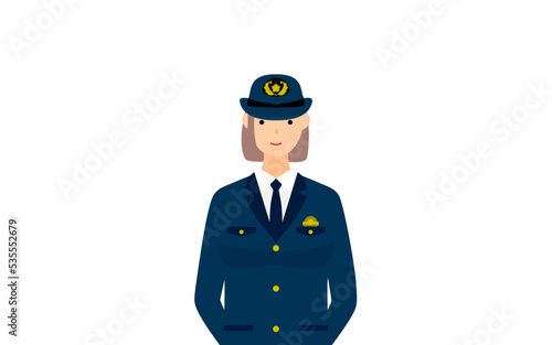 若い女性警官のポーズ、後ろ手を組んで立っている