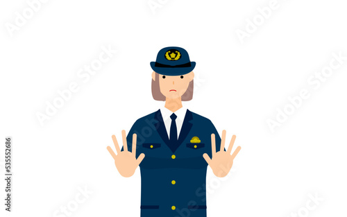 若い女性警官のポーズ、両手を前に出して制止する