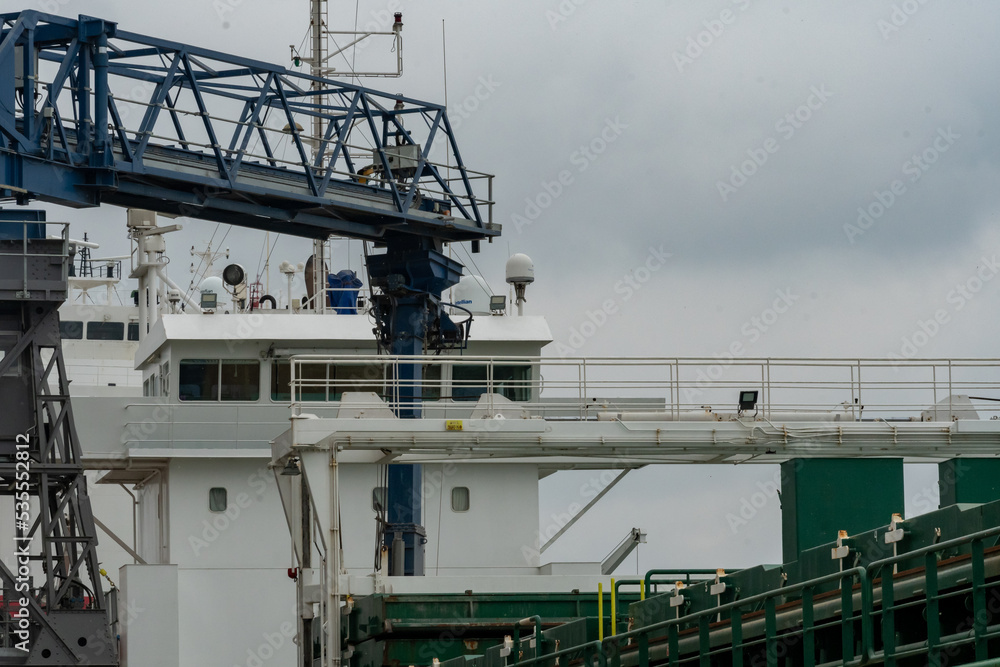 Bridge of a cargo ship docked at the British port of Southampton, in Southampton, Hampshire, United Kingdom