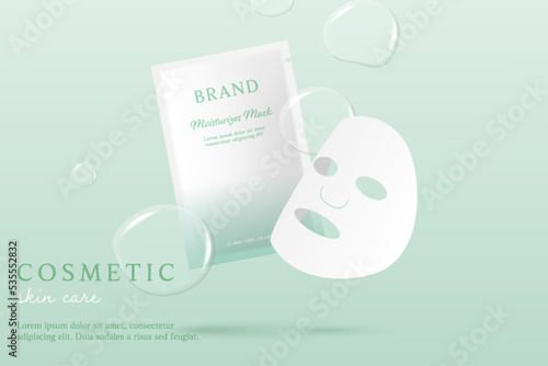 Cosmetics and mask ads template on mint green background with essence.