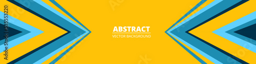 Yellow abstract wide horizontal banner with blue lines and arrow shapes. Modern sporty bright futuristic horizontal abstract background. Wide vector illustration.