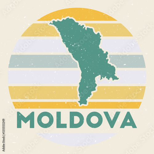 Moldova logo. Sign with the map of country and colored stripes, vector illustration. Can be used as insignia, logotype, label, sticker or badge of the Moldova.