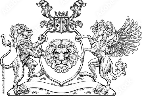 Coat of Arms Pegasus Lion Crest Shield Family Seal photo