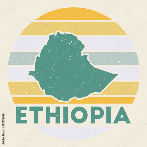 Ethiopia logo. Sign with the map of country and colored stripes, vector illustration. Can be used as insignia, logotype, label, sticker or badge of Ethiopia.