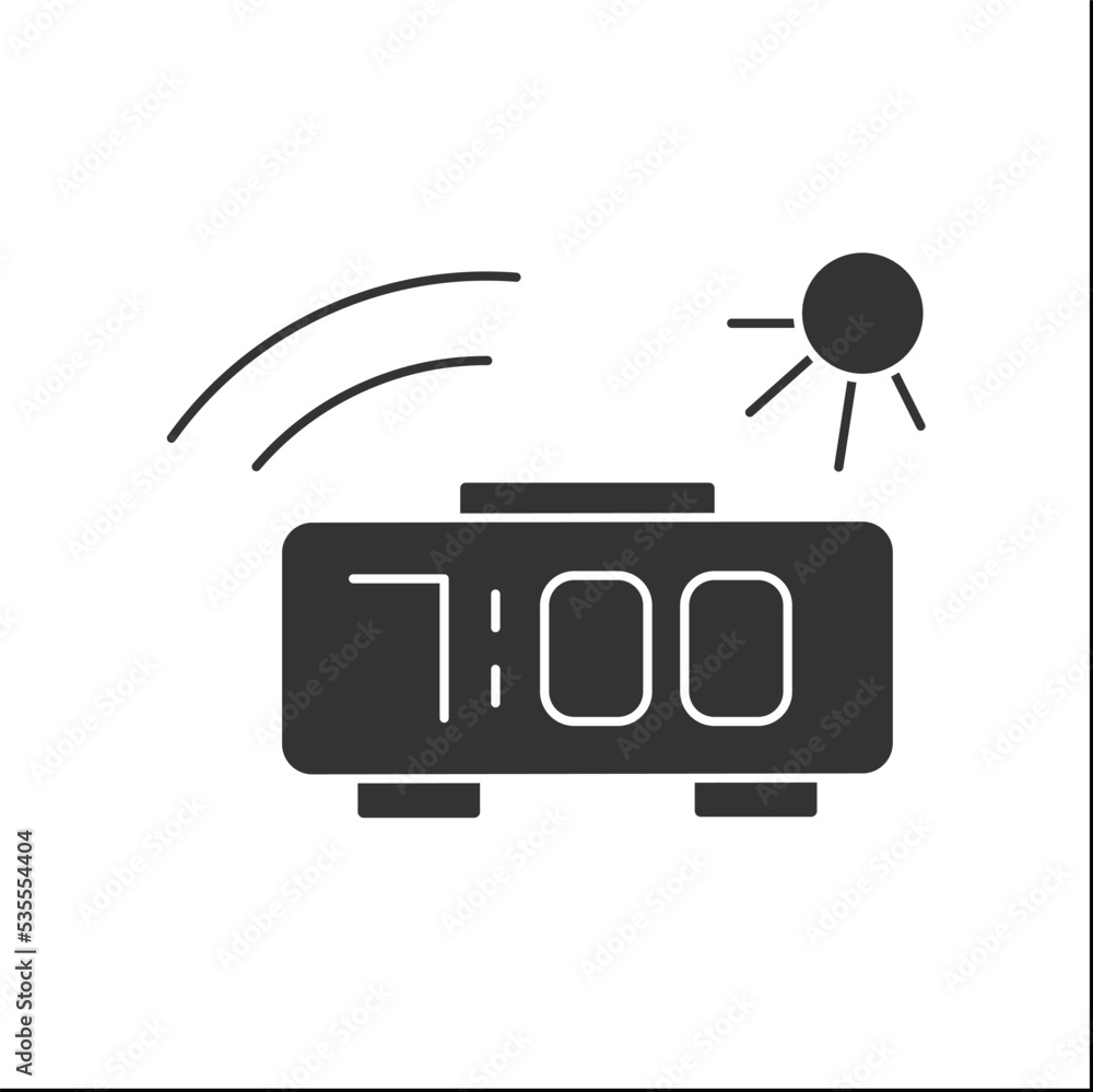 Alarm clock glyph icon. Morning waking up. 7 am. Sleeping concept. Filled flat sign. Isolated silhouette vector illustration Alarm clock glyph icon. Morning waking up. 7 am. Sleeping concept. Filled flat sign. Isolated silhouette vector illustration