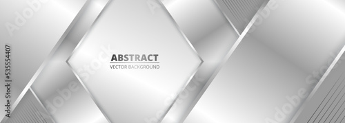 Silver luxury wide abstract background with metallic gradient lines, frame and shapes. Silver award ceremony banner. Vector illustration
