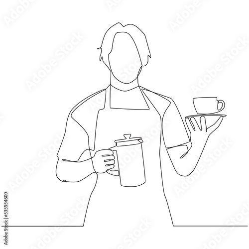 Barista With Cup of Coffee and Kettle in Hand Continuous Line Drawing