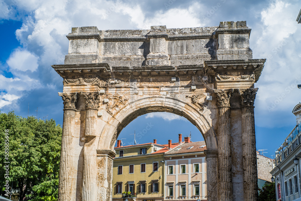 Roman monuments in the center of the old town of Pula. Croatia