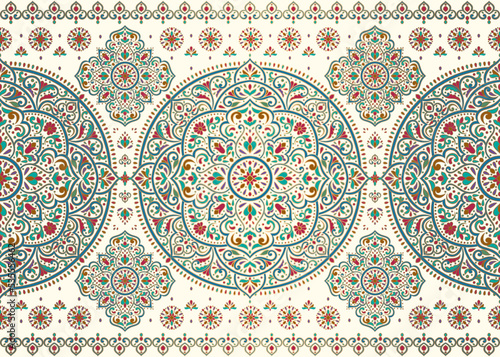 Blue, green and red Turkish seamless pattern with luxury floral ornament. Traditional Arabic, Indian motifs. Great for fabric and textile, wallpaper, packaging or any desired idea.