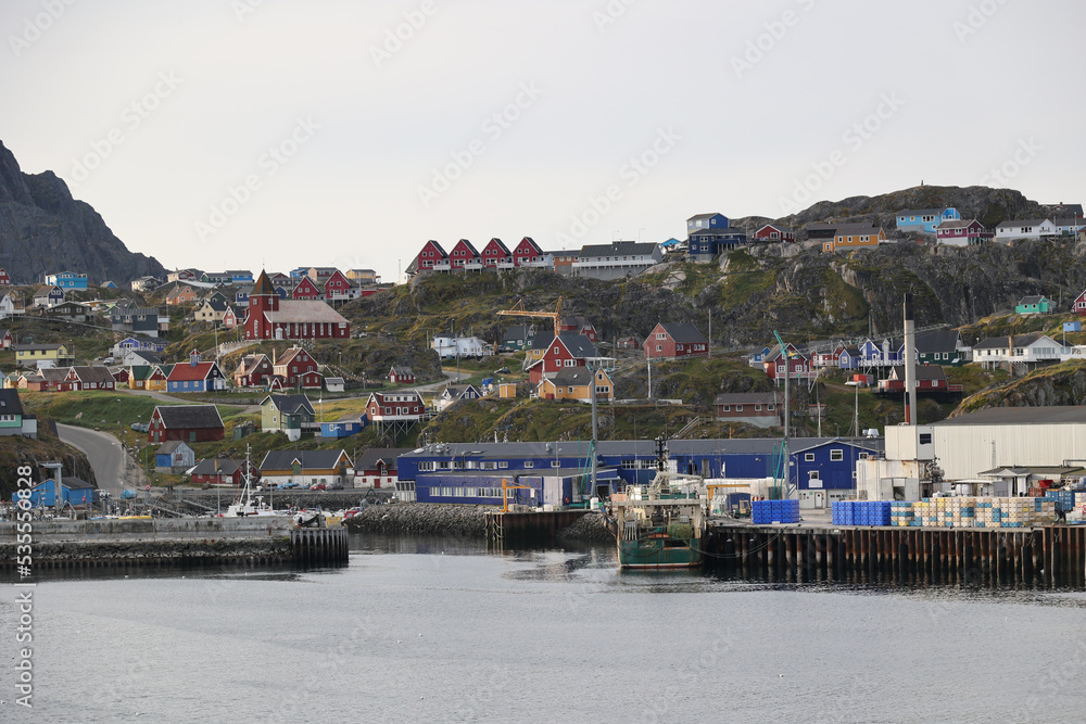View of the small town of Sisimiut in Greenland, Denmark  