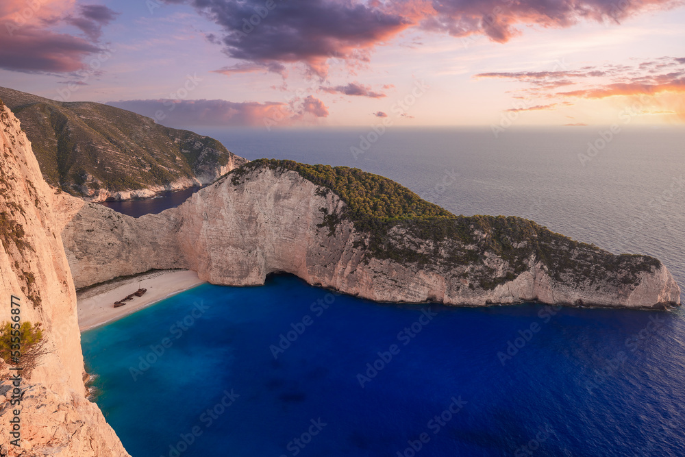 Panoramic view of Navagio beach with the shipwreck in Zakynthos at  sunset