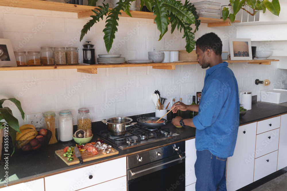 Happy african american man standing in kitchen and cooking dinner Happy african american man standing in kitchen and cooking dinner
