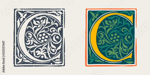 C letter logo in medieval gothic style. Set of dim colored and monochrome grunge style emblems.