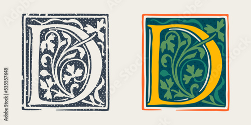 D letter logo in medieval gothic style. Set of dim colored and monochrome grunge style emblems.