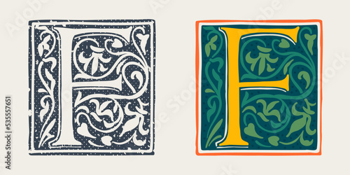 F letter logo in medieval gothic style. Set of dim colored and monochrome grunge style emblems.
