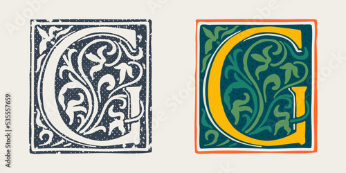 G letter logo in medieval gothic style. Set of dim colored and monochrome grunge style emblems.