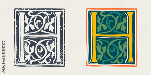 H letter logo in medieval gothic style. Set of dim colored and monochrome grunge style emblems.