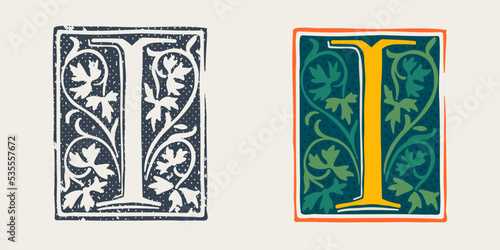 I letter logo in medieval gothic style. Set of dim colored and monochrome grunge style emblems.