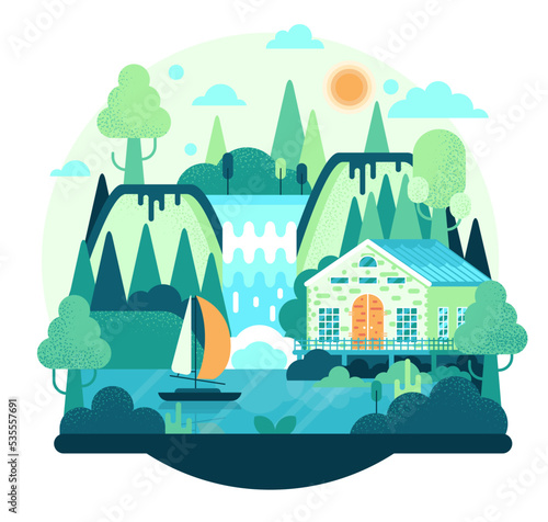 House at the lake and sailboat at river, vector cartoon illustration in flat stile