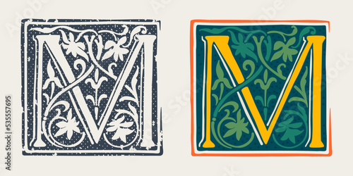 M letter logo in medieval gothic style. Set of dim colored and monochrome grunge style emblems.