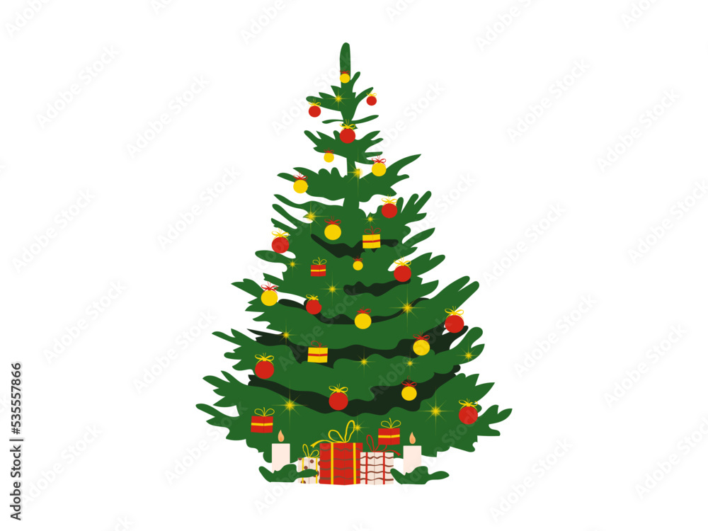 A beautiful decorated Christmas tree isolated on a white background. Flat style vector illustration A beautiful decorated Christmas tree isolated on a white background. Flat style vector illustration