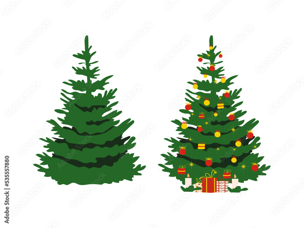 Set of Christmas trees with and without decorations isolated on white background. Flat vector illustration
