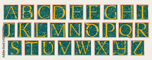 Alphabet in medieval gothic style. Set of dim colored emblems.