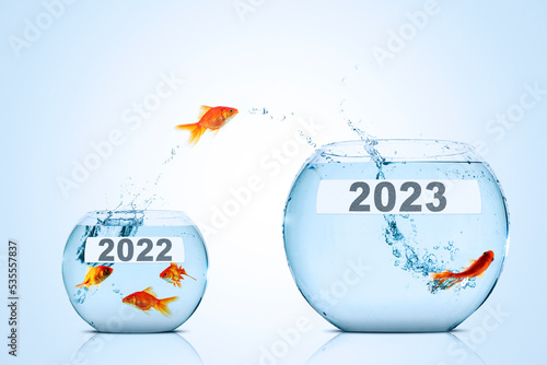 Golden fish leaping to aquarium with numbers 2023 photo