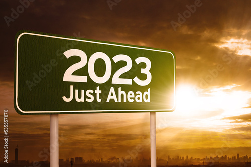 Slika na platnu Green signboard with a text of 2023 just ahead