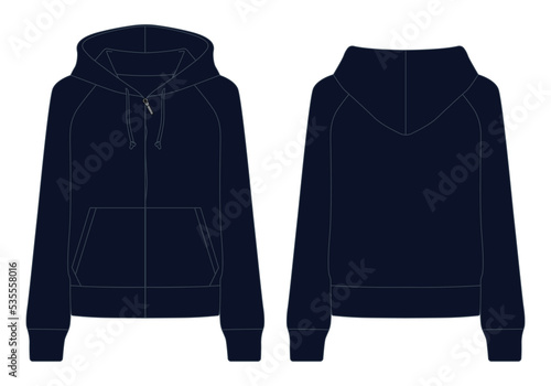 Navy Blue Hooded Jacket With Two Pocket Template On White Background.Front and Back View, Vector File