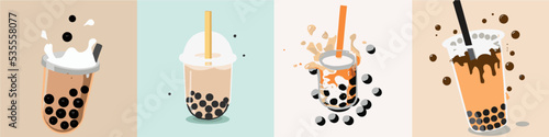 Lovely kawaii Taiwanese milk tea. Bubble tea, gourmet drinks, coffee and soft drinks. Vector illustration.
