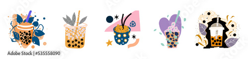 Lovely kawaii Taiwanese milk tea. Bubble tea, gourmet drinks, coffee and soft drinks. Vector illustration.