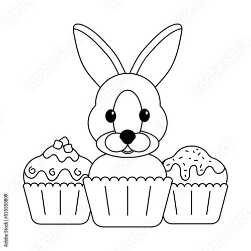 Rabbit and cupcakes coloring book for kids. The symbol of 2023. Vector illustration