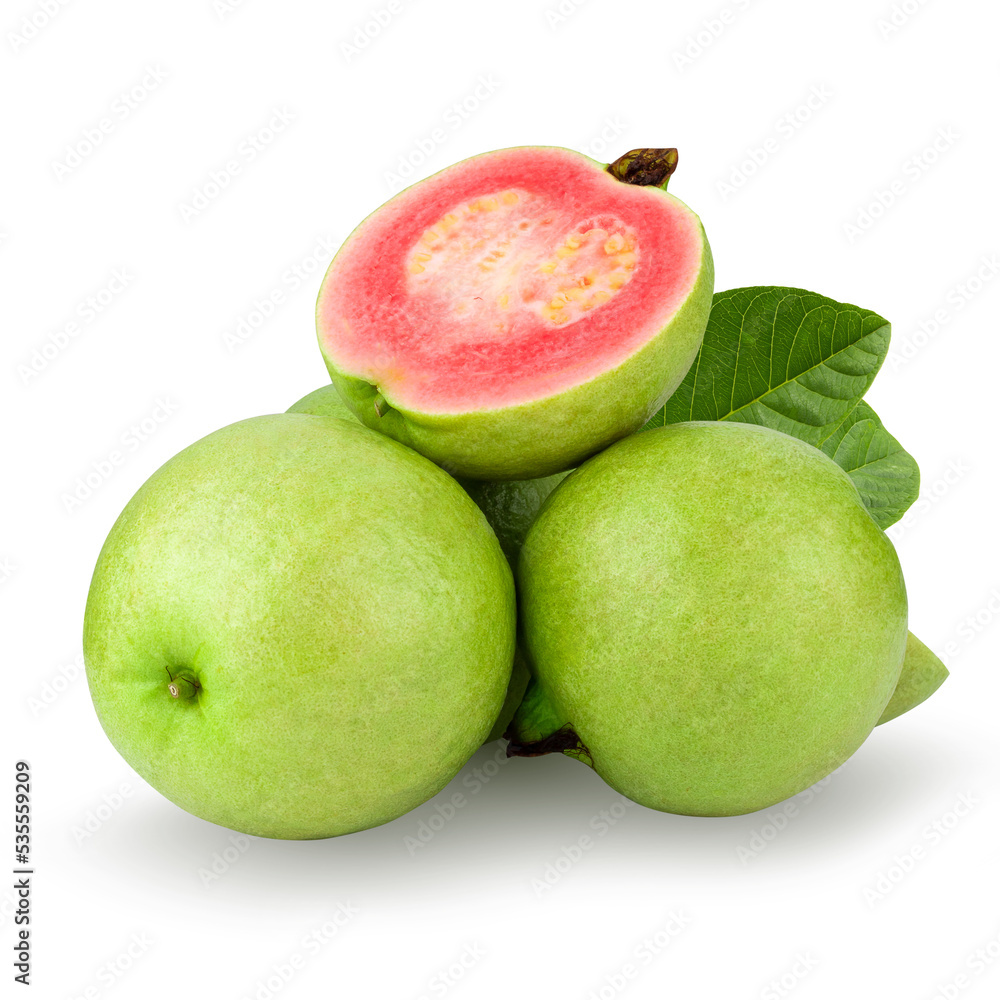 Guava is a tropical fruit with pink juicy flesh and a strong sweet aroma with leaf on a white background Guava is a tropical fruit with pink juicy flesh and a strong sweet aroma with leaf on a white background