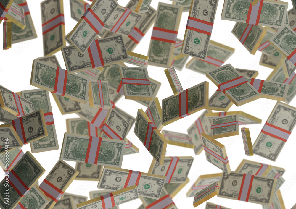 two dollar stack of money, 3D render, illustration, Dollar Bills isolated on background.