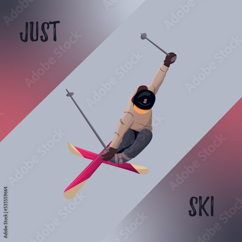 Vector cartoon man skiing freeride card. Jumping on skis. Beautiful aesthetic jump on the skiing trampling. Man with skis, helmet, sticks.