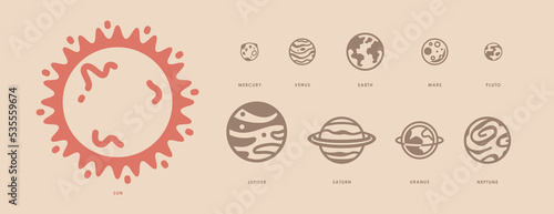 Solar system. Planets set. Planet Earth and sun icon. Space background. World symbol. Vector eps10 illustration. Flat design. Line art. Simple minimalystic design. Silhouette isolated. Icons set.