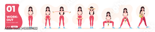 Sport exercises set. Workout and gym. Body health, healthy lifestyle. Woman doing fitness activities and yoga. Flat style. Modern design. Cute pretty female character. Vector illustration eps10.