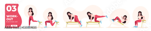 Sport exercises set. Workout and gym. Body health, healthy lifestyle. Woman doing fitness activities and yoga. Flat style. Modern design. Cute pretty female character. Vector illustration eps10.