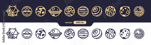 Abstract planets set. Planet Earth and sun icon. Space background. World symbol. Vector eps10 illustration. Flat design. Line art. Simple minimalystic design. Silhouette isolated. Icons set.