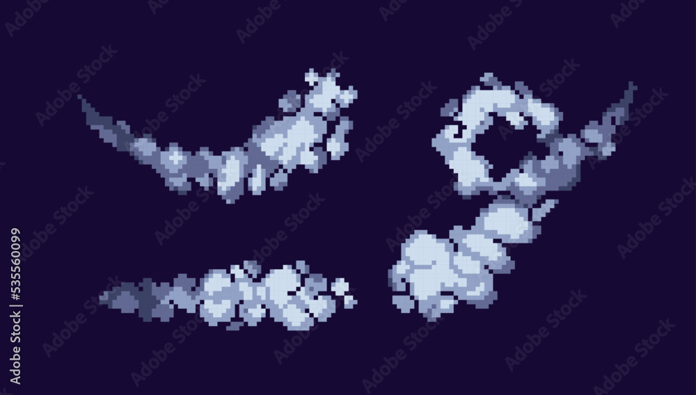 Smoke  after explosion pixel art set. Steam waves and curves collection. Fog and clouds 8 bit sprite. Game development, mobile app.  Isolated vector illustration.