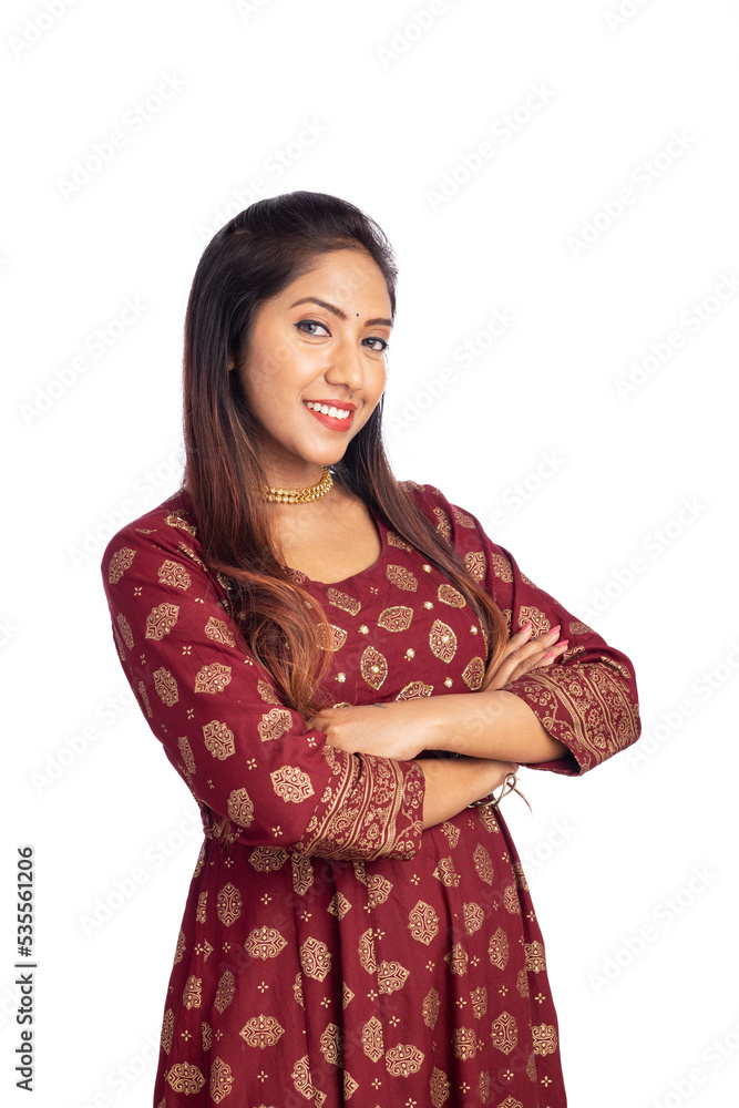 Hand crossed cheerful Indian young woman looking at the camera. Hand crossed cheerful Indian young woman looking at the camera.