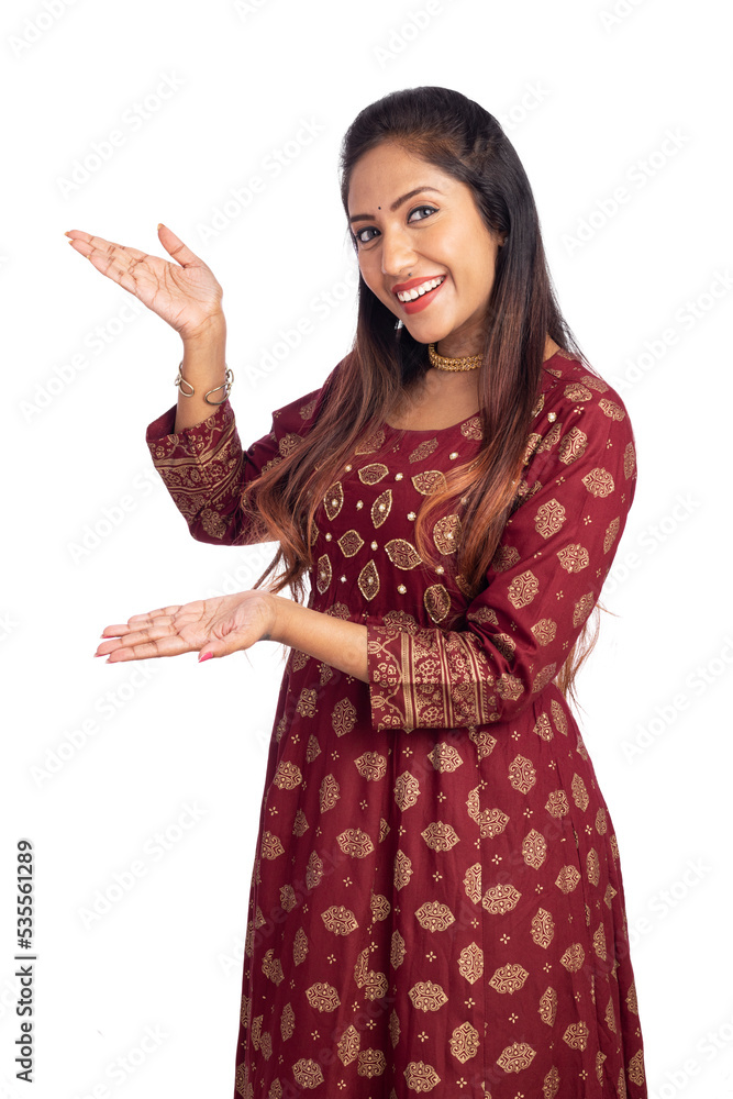 Happy young woman greeting isolated on white. Happy young woman greeting isolated on white.