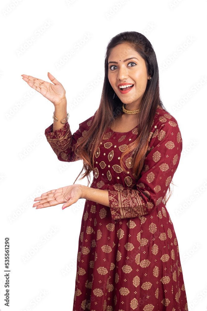 Happy young woman greeting isolated on white. Happy young woman greeting isolated on white.